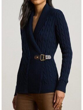 Lauren Ralph Lauren Women's Sz M Navy Belted Cable-Knit Wrap Cardigan Sweater